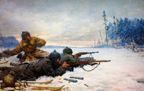 Две строчки о бойце-парнишке. Александр Твардовский / Художник В.А. Токарев. 'Подвиг начальника заставы Шмагрина, 27.12.1939 г.'