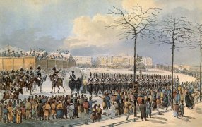 Санкт-Петербург. Сенатская площадь 14 декабря 1825 года. Рисунок Кольмана из кабинета графа Бенкендорфа в Фалле. / wikimedia.org