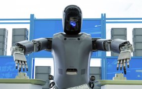 Робот Walker S, выполняющий задачи сортировщика и погрузчика на заводах и складах, на выставке робототехники в 'Пекинском инновационном центре гуманоидных роботов' / Фото: Анна Раткогло/РИА Новости
