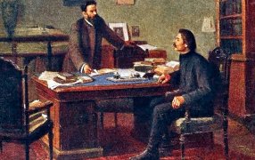 Наставники. «В юности мы все немножко пессимисты». Горький и Короленко /'А. М. Горький у В. Г. Короленко'. Художник. И. С. Гомзиков. 1954 Год. / auction.ru