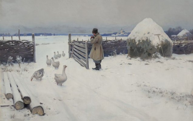 Гермашев Михаил (1867-1930). Снег выпал, 1897 / Картина хранится в Третьяковской галерее