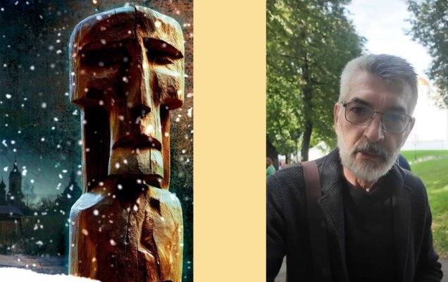 Обложка книги, обработанная ИИ GigaChat, и Андрей Рубанов на репортаже в сообществе 'Китовраса' в 'Вконтакте'  / vkvideo.ru