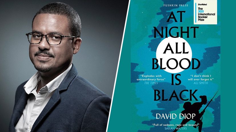 Давид Диоп; обложка книги «Ночью вся кровь черна» © AFP / Pushkin Press