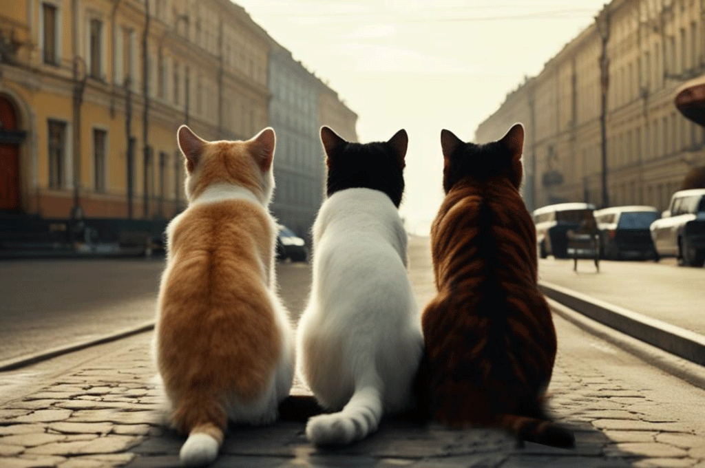 'Однажды по дорожке / Я шел к себе домой. / Смотрю и вижу: кошки / Сидят ко мне спиной.' Даниил Хармс. Изображения сгенерированы с помощью нейросети Kandinsky