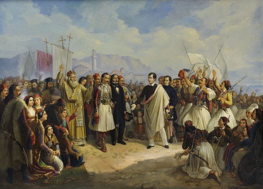 Прибытие Байрона в Месолонги. Картина Теодороса Вризакиса (1861) / Национальная галерея Греции/Wikimedia  
