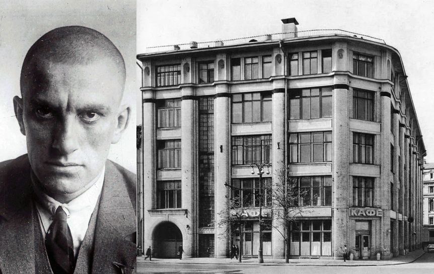 Торговый дом Московского купеческого общества в М. Черкасском переулке, где размещалась с 1926 года редакция 'Комсомольской правды' / Фото дома pastvu.com c сайта um.mos.ru, фото Маяковского с сайта vladimirmayakovsky.ru