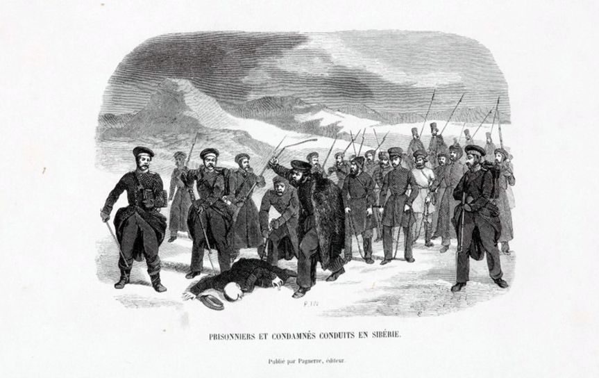 Наказание заключённых в Сибири. 1845 г. Гравюра с выставки / pushkinmuseum.ru