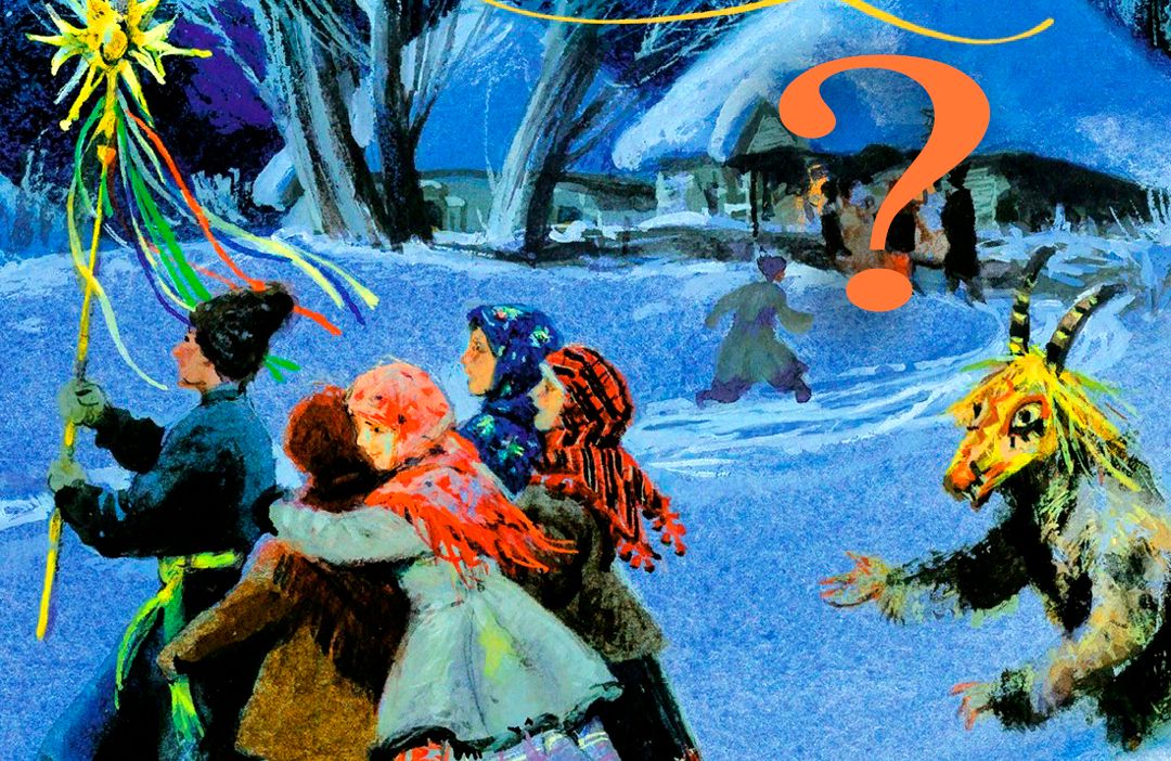 Тест. Каким писателям принадлежат 10 книжных цитат о Рождестве и Новом годе / 'Вечера на хуторе близ Диканьки' Н.В. Гоголь, художник Олег Коминарец  - фрагмент обложки книги изд-ва 'Азбука', 2025